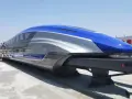 Nowoczesny pociąg maglev w kolorze niebiesko-srebrnym, gotowy do podróży z zawrotną prędkością.