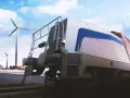 Nowoczesna lokomotywa na wodór gotowa do podróży, z wiatrakami w tle symbolizującymi czystą energię.