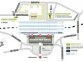 Mapa okolic placu Andrzeja w Katowicach PKP. Widać tymczasowy dworzec, przebudowywany dworzec, pocztę i perony.