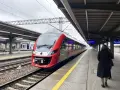 Czerwono-szary pociąg POLREGIO na peronie dworca kolejowego.