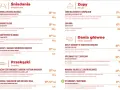 Menu z daniami głównymi, zupami i śniadaniami. Wśród pozycji: kotlet schabowy, makaron tagliatelle z sosem bolognese, żurek, jajecznica. Wagon restauracyjny oferuje różnorodne posiłki.