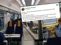 Wnętrze pociągu i zrzut ekranu z postu konduktora Przemka o nietypowej pasażerce w letnich butach przy -8 stopniach.