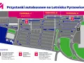 Mapa lotniska Pyrzowice. Dojazd z dworca PKP do Terminali A, B, C. Autobusy ekspresowe i zwykłe.