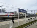 Kobieta czeka na peronie w Stargardzie. W tle pociąg towarowy CTL Logistics.