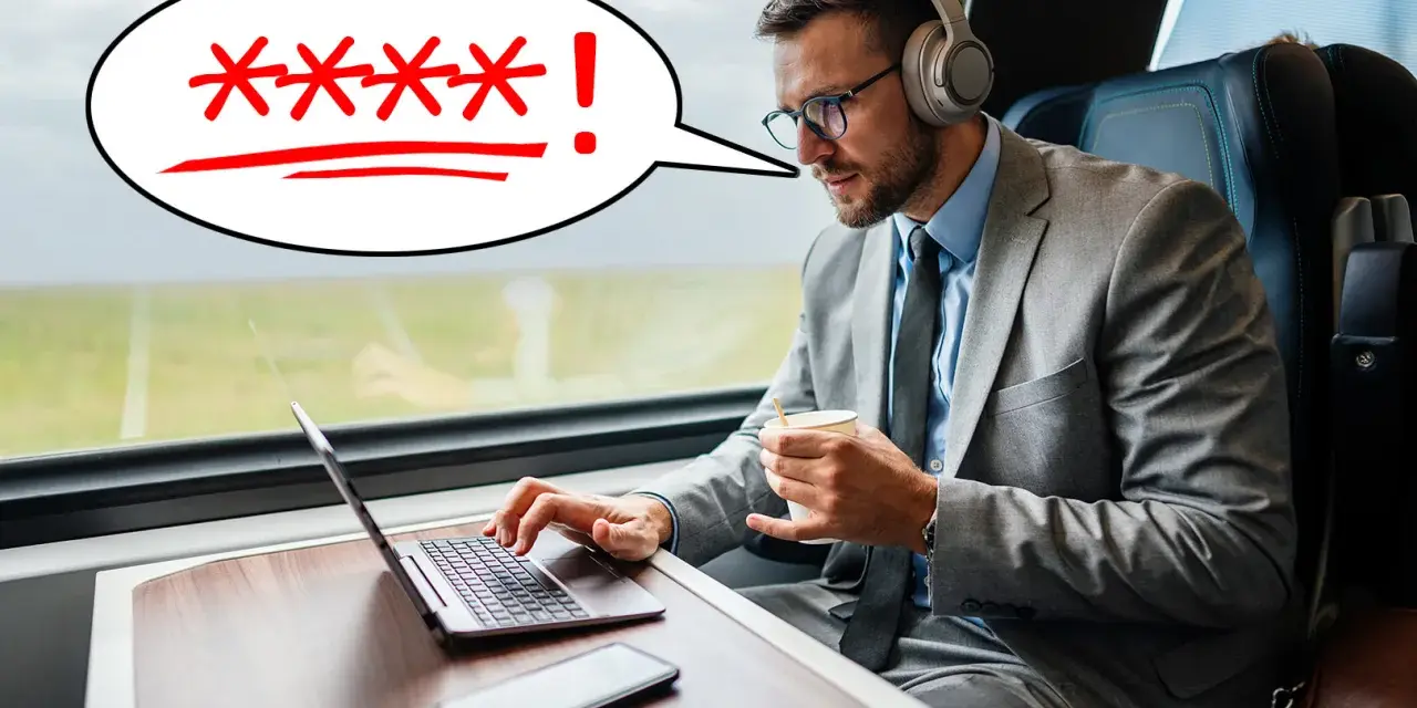 Biznesmen w pociągu próbuje połączyć się z intercity wifi, ale hasło jest nieprawidłowe.