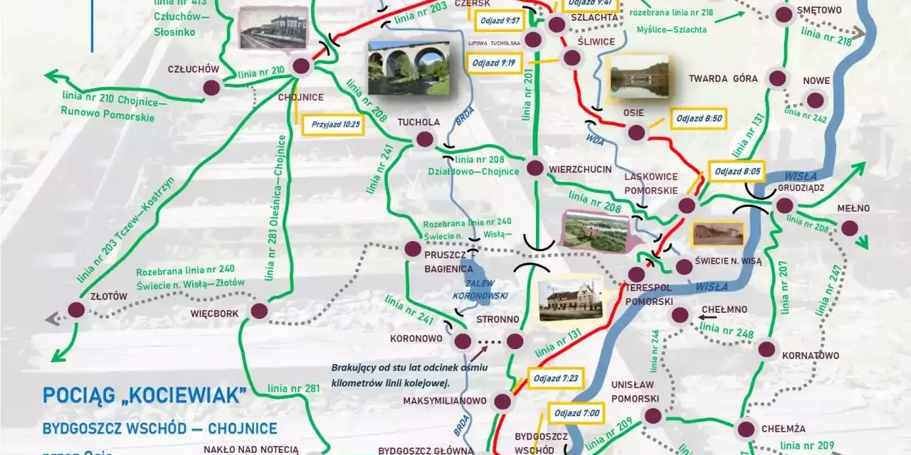 Mapa kolejowa z zaznaczonymi trasami, stacjami i zdjęciami krajobrazów.