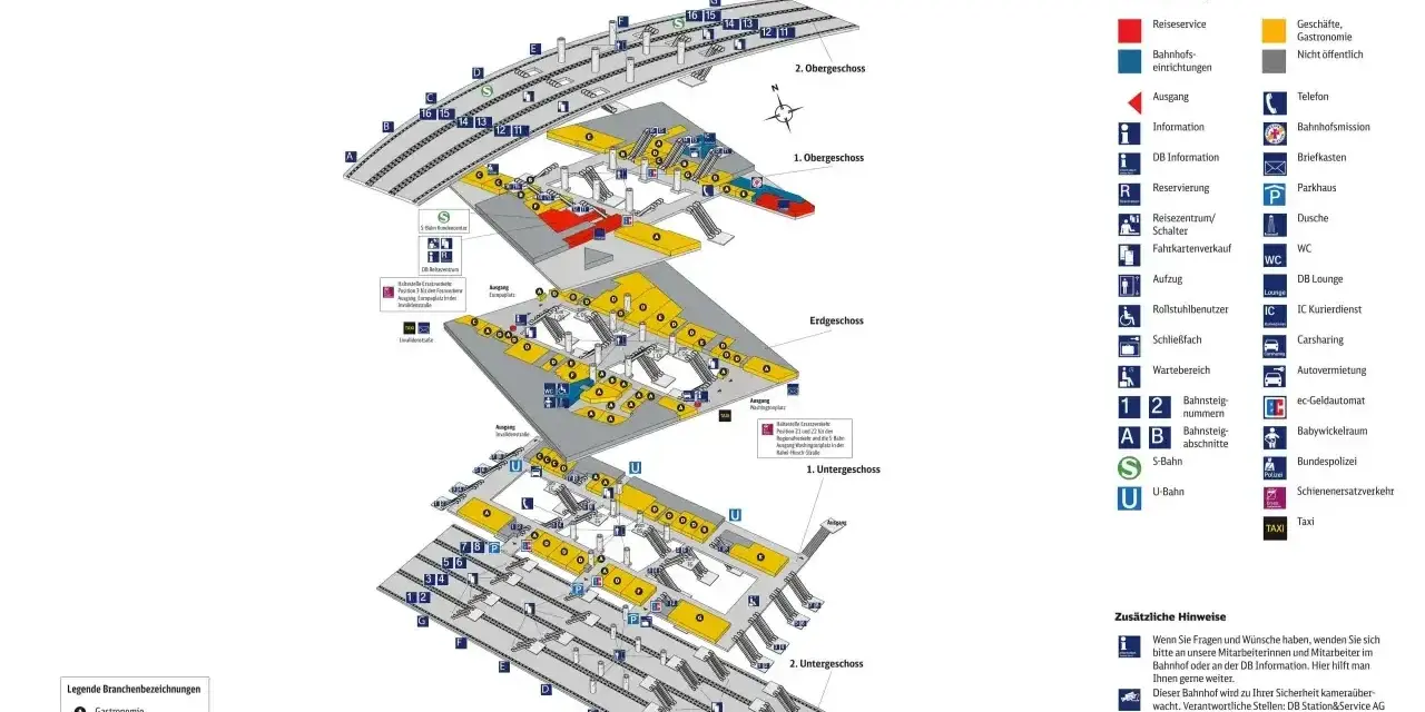 Schematyczny plan Hauptbahnhof Berlin. Widoczne są perony, poziomy (2. Obergeschoss, 1. Obergeschoss, Erdgeschoss, 1. Untergeschoss, 2. Untergeschoss) oraz legendy z oznaczeniami.