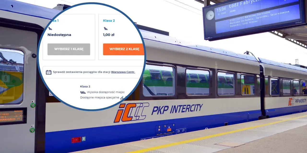 Pociąg PKP Intercity na peronie, z widocznym panelem wyboru klasy biletu (1 zł za klasę 2).