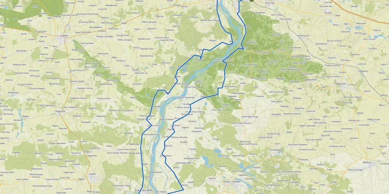 Mapa pokazuje drogę do Kazimierza Dolnego. Można tu zobaczyć, jak dojechać do Kazimierza Dolnego pociągiem, zaznaczono stacje i trasy.