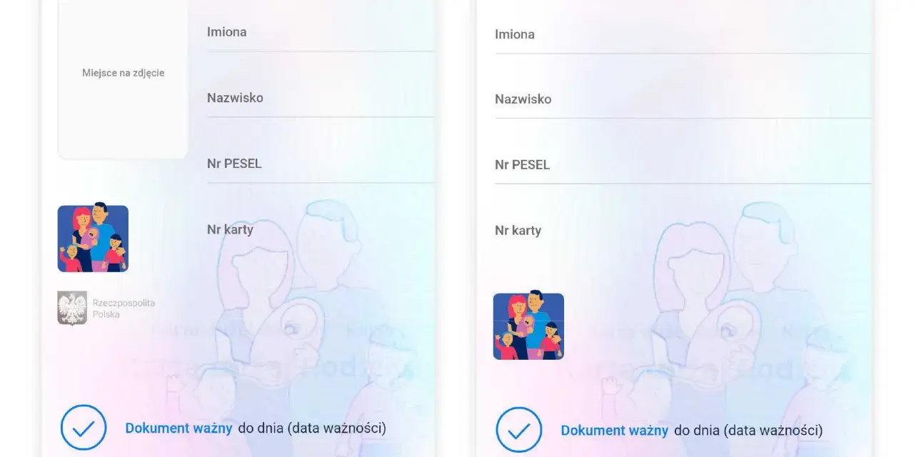 Karta dużej rodziny zniżki. Dokument z danymi osobowymi i symbolem rodziny. Ważny do daty.