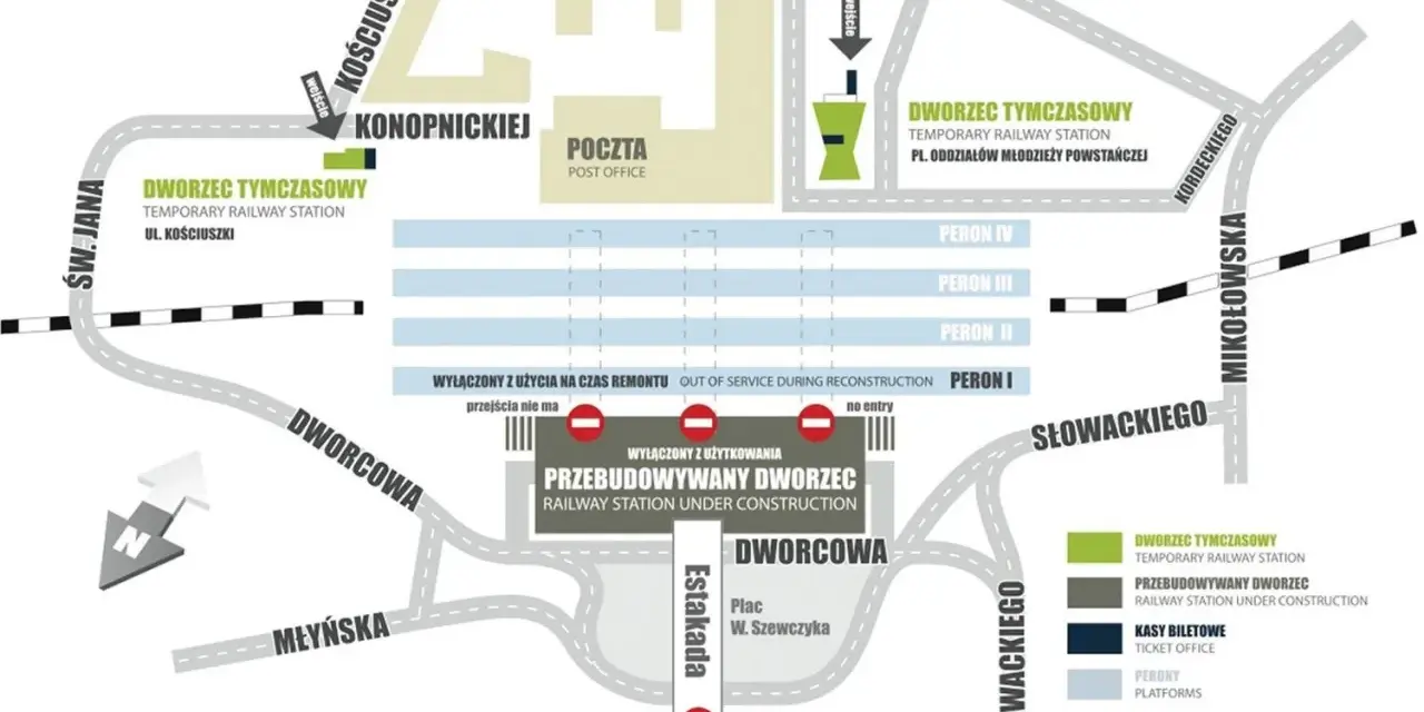 Mapa okolic placu Andrzeja w Katowicach PKP. Widać tymczasowy dworzec, przebudowywany dworzec, pocztę i perony.