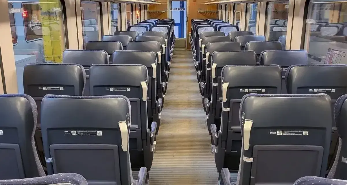 Puste siedzenia w wagonie TLK 1 klasa i 2 klasa. Czekają na pasażerów.