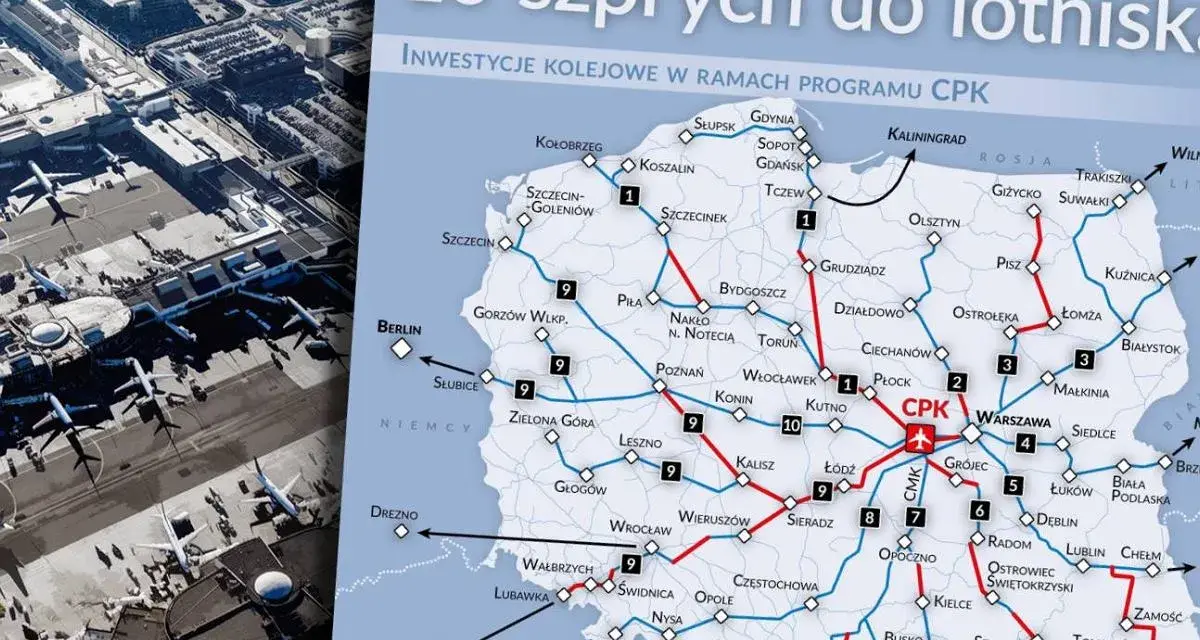 Mapa inwestycji kolejowych do CPK. Pokazuje 10 szprych, które połączą lotnisko z Polską i Europą.