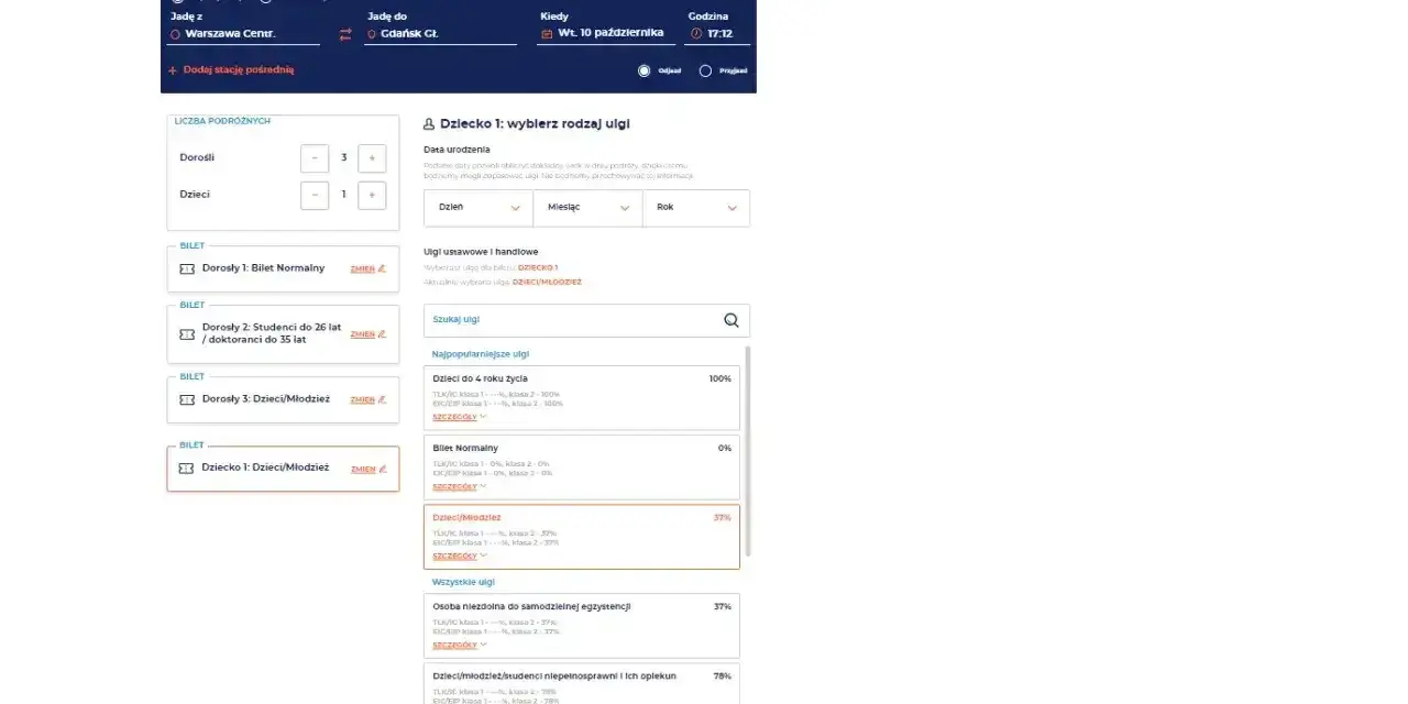 Wybierasz bilet PKP na trasę Warszawa-Gdańsk. Zastanawiasz się, z jakim wyprzedzeniem można kupić bilet? System pozwala na wybór ulg.