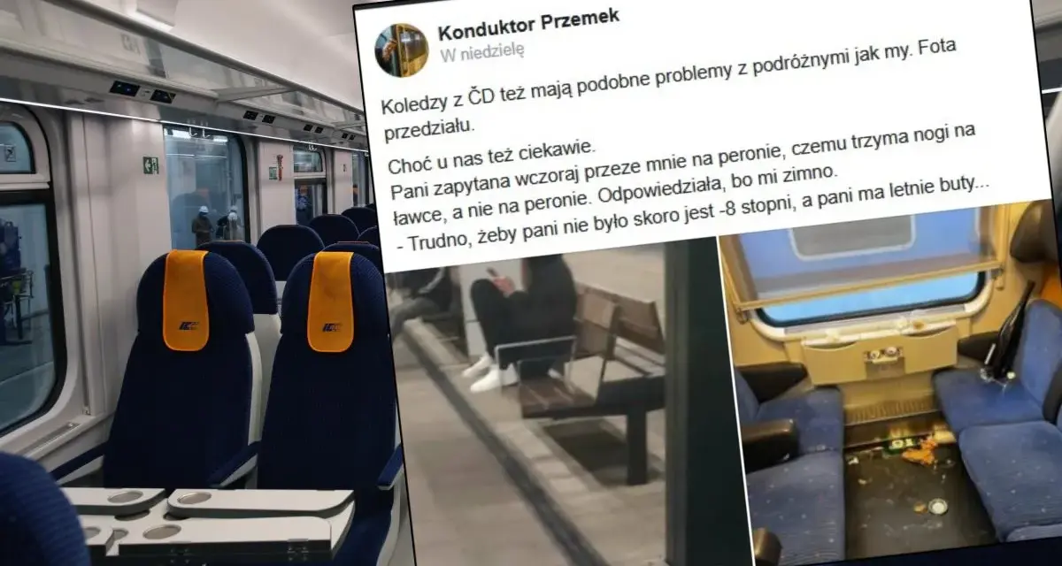 Wnętrze pociągu i zrzut ekranu z postu konduktora Przemka o nietypowej pasażerce w letnich butach przy -8 stopniach.