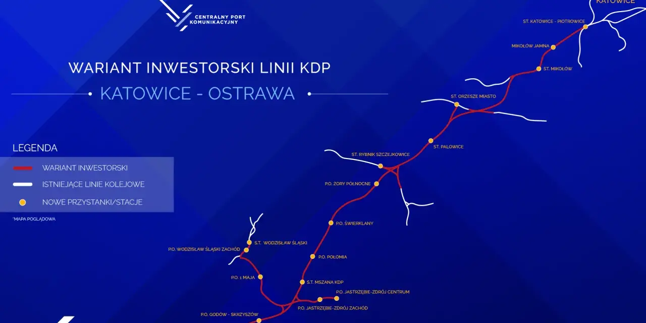 Mapa inwestorskiej linii kolej dużych prędkości z Katowic do Ostrawy, pokazująca nowe stacje i istniejące linie kolejowe.