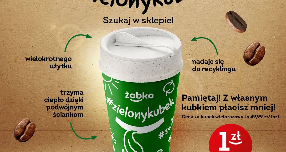 Z własnym kubkiem #zielonykubek płacisz mniej za kawę w Żabce. Kubek wielorazowy kosztuje 49,99 zł.