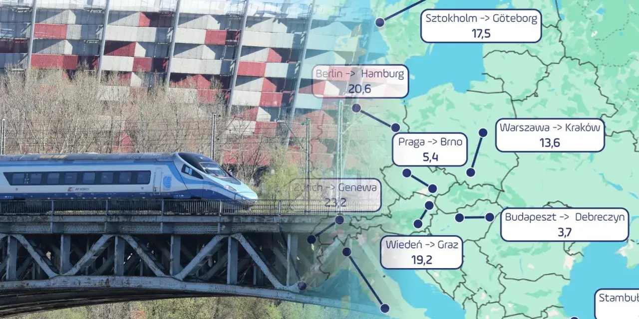 Pociąg Intercity na moście, w tle Stadion Narodowy i mapa Europy z trasami kolejowymi.