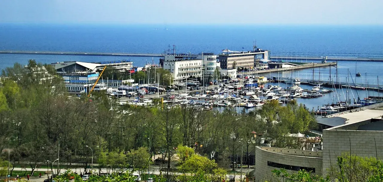Widok na port jachtowy w Gdyni z licznymi łodziami i budynkami w tle.