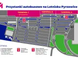 Mapa lotniska Pyrzowice. Dojazd z dworca PKP do Terminali A, B, C. Autobusy ekspresowe i zwykłe.