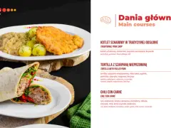 Wars: kotlet schabowy 42 zł, tortilla z szarpaną wieprzowiną 36 zł, chili con carne 38 zł.