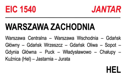 Oznaczenia pociągów PKP: EIC 1540 JANTAR, trasa Warszawa Zachodnia - Hel przez Gdańsk i Władysławowo.