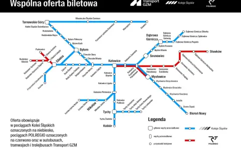 Mapa połączeń kolejowych i autobusowych w ramach wspólnej oferty biletowej. Zobacz, gdzie możesz dojechać swoim biletem miesięcznym!