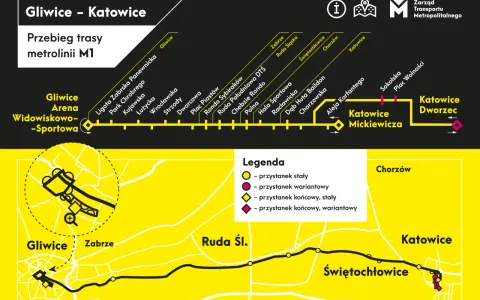 Trasa metrolinii M1 Gliwice-Katowice, z zaznaczonym dojazdem do dworca PKP Katowice.