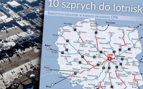 Mapa inwestycji kolejowych do CPK. Pokazuje 10 szprych, które połączą lotnisko z Polską i Europą.