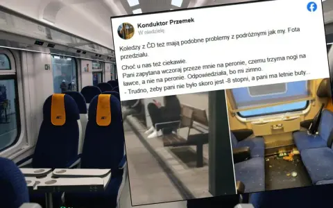 Wnętrze pociągu i zrzut ekranu z postu konduktora Przemka o nietypowej pasażerce w letnich butach przy -8 stopniach.