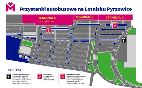 Mapa lotniska Pyrzowice. Dojazd z dworca PKP do Terminali A, B, C. Autobusy ekspresowe i zwykłe.