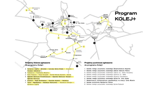 Mapa projektów kolejowych z zaznaczonymi trasami i punktami. Studenci mogą skorzystać z **zniżki studenckie** na podróże między miastami, np. z Katowic Ligoty do Orzesza.