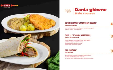 Wars: kotlet schabowy 42 zł, tortilla z szarpaną wieprzowiną 36 zł, chili con carne 38 zł.