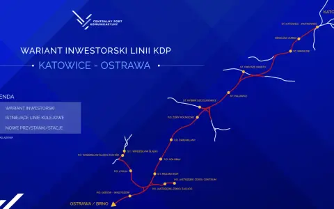 Mapa inwestorskiej linii kolej dużych prędkości z Katowic do Ostrawy, pokazująca nowe stacje i istniejące linie kolejowe.