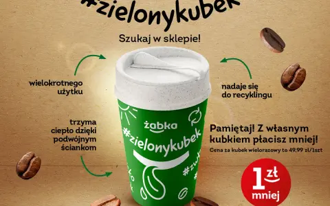 Z własnym kubkiem #zielonykubek płacisz mniej za kawę w Żabce. Kubek wielorazowy kosztuje 49,99 zł.