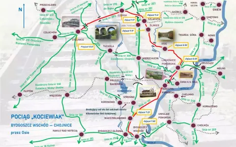 Mapa kolejowa z trasą pociągu "Kociewiak" Bydgoszcz Wschód - Chojnice przez Osie. Widoczne stacje i linie kolejowe.