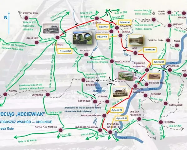 Mapa kolejowa z zaznaczonymi trasami, stacjami i zdjęciami krajobrazów.