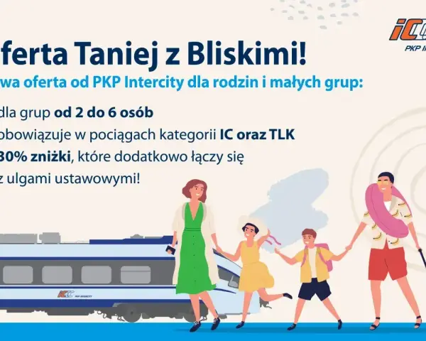 Rodzina wyrusza na wakacje z PKP Intercity. Oferta "Taniej z Bliskimi" to 30% zniżki na podróże pociągami IC i TLK dla grup od 2 do 6 osób.