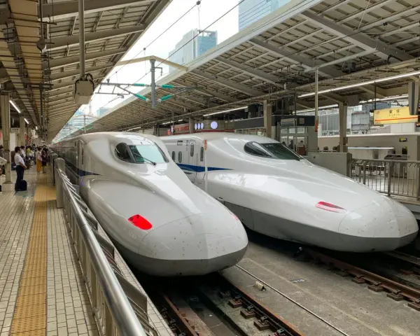 Dwa białe pociągi Shinkansen stojące na peronie, gotowe do podróży.