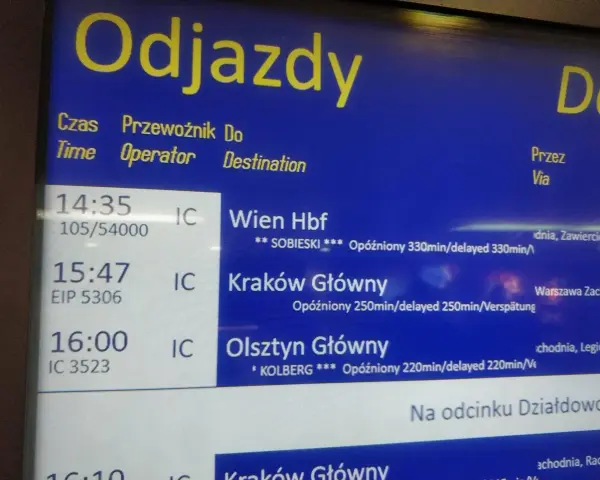 Aktualne opóźnienia pociągów Intercity: Wien Hbf opóźniony 330 min, Kraków Główny 250 min, Olsztyn Główny 220 min.