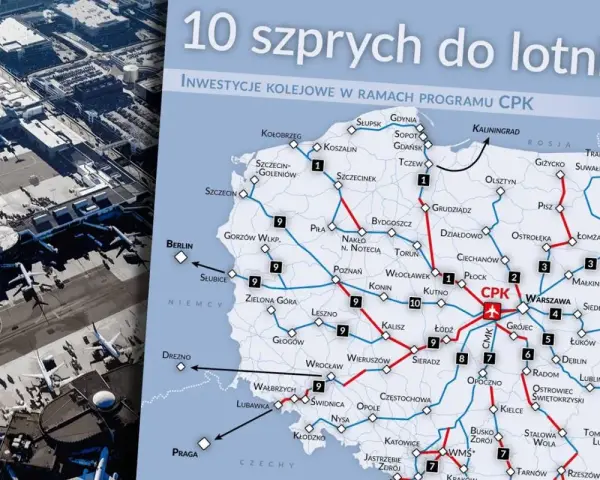 Mapa inwestycji kolejowych do CPK. Pokazuje 10 szprych, które połączą lotnisko z Polską i Europą.