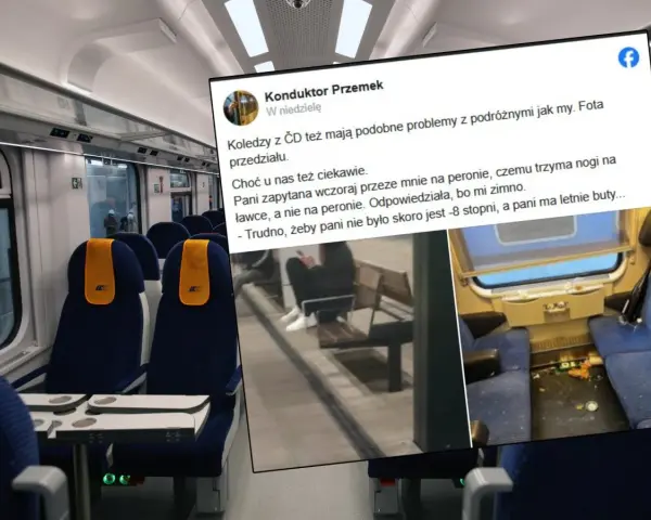 Wnętrze pociągu i zrzut ekranu z postu konduktora Przemka o nietypowej pasażerce w letnich butach przy -8 stopniach.