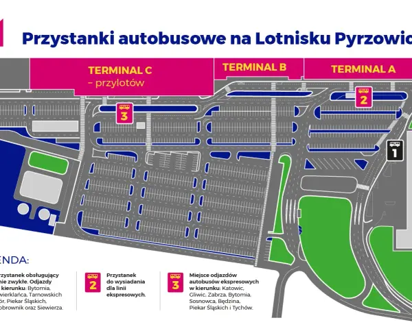 Mapa lotniska Pyrzowice. Dojazd z dworca PKP do Terminali A, B, C. Autobusy ekspresowe i zwykłe.