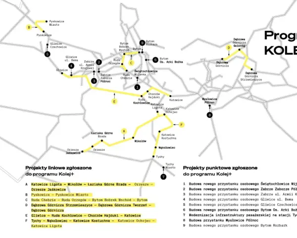 Mapa projektów kolejowych z zaznaczonymi trasami i punktami. Studenci mogą skorzystać z **zniżki studenckie** na podróże między miastami, np. z Katowic Ligoty do Orzesza.