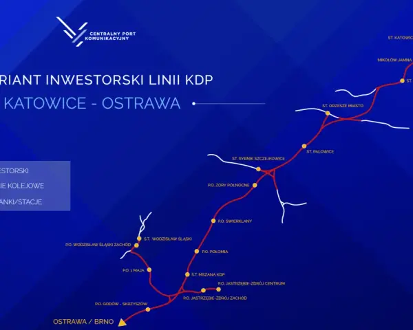 Mapa inwestorskiej linii kolej dużych prędkości z Katowic do Ostrawy, pokazująca nowe stacje i istniejące linie kolejowe.