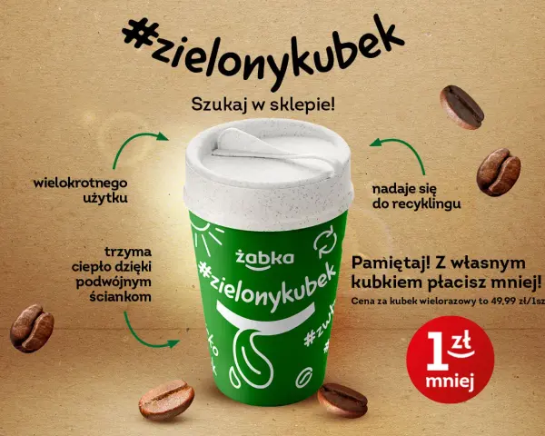 Z własnym kubkiem #zielonykubek płacisz mniej za kawę w Żabce. Kubek wielorazowy kosztuje 49,99 zł.