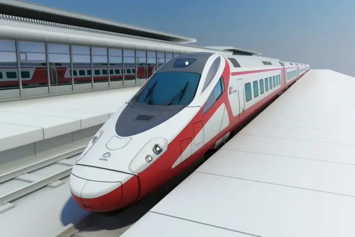 Nowoczesny, biało-czerwony pociąg Pendolino na peronie dworca.
