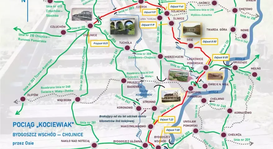Mapa kolejowa z zaznaczonymi trasami, stacjami i zdjęciami krajobrazów.