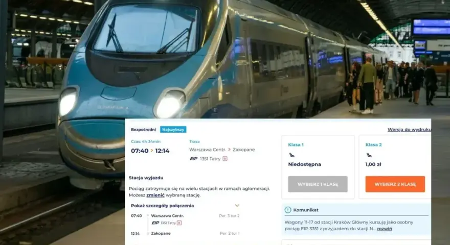Nowoczesny pociąg EIP "Tatry" na dworcu, z widocznym interfejsem do zakupu biletów do Zakopanego.