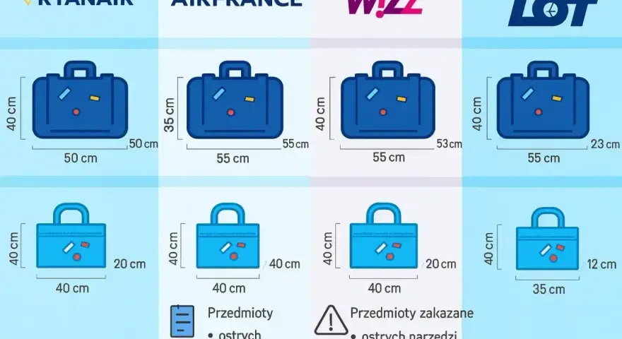 Porównanie wymiarów bagażu podręcznego linii lotniczych: Ryanair, Air France, Wizz Air, LOT. Sprawdź, jaki bagaż podręczny możesz zabrać.